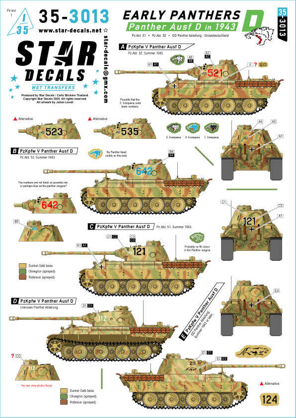 1/35 WWII 初期型パンサー戦車 1943年のパンサーD型 第51戦車大隊/第52戦車大隊/グロースドイッチュラント装甲擲