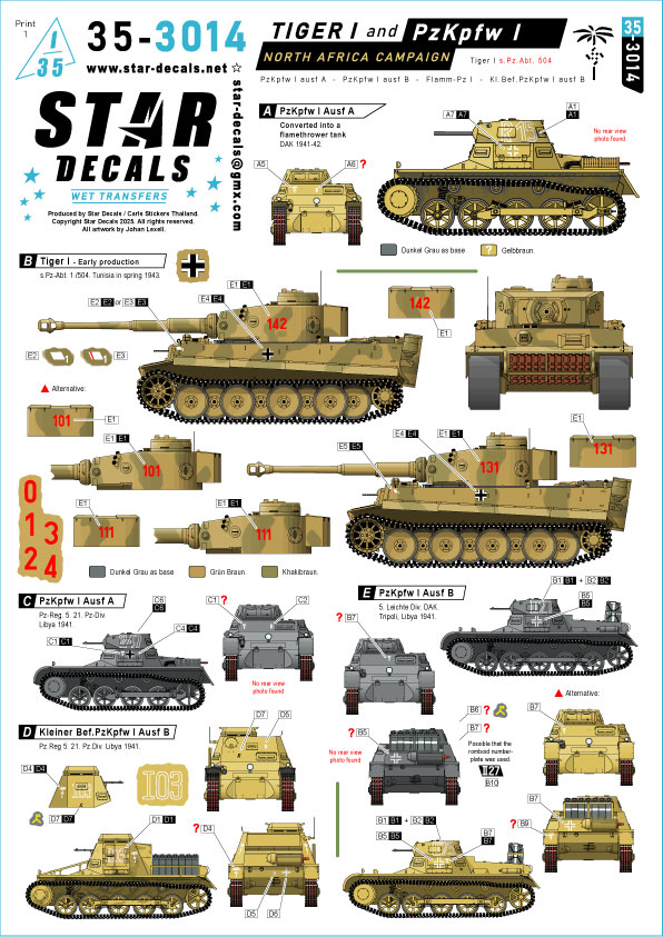 1/35 WWII ドイツ 北アフリカ戦線のタイガーI重戦車とI号戦車 タイガーI初期型/I号戦車A型/B型/火炎放射戦車/指揮