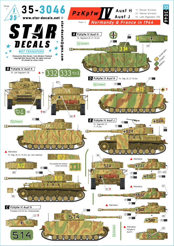 1/35 WWII ドイツ 1944年ノルマンディー/フランスのIV号戦車H型/J型＃1 第11装甲師団/第21装甲師団/第13
