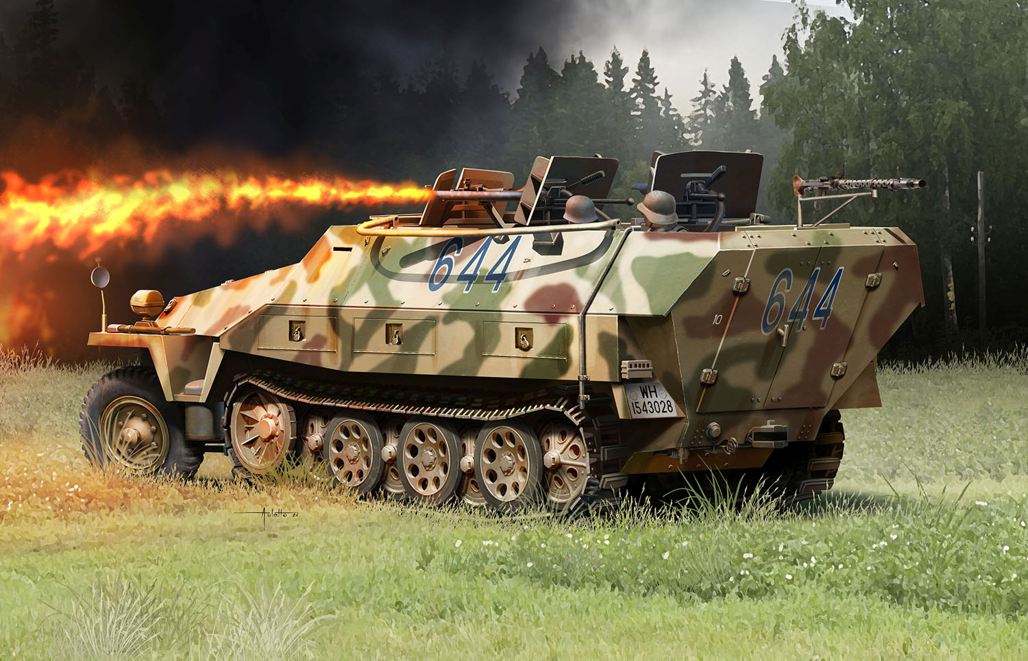 1/35 WW.II ドイツ軍 Sd.Kfz.251/16 D型 火焔放射タイプ EZトラック/金属製車幅ポール/フィギュア3体