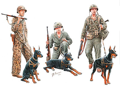 1/35　米・海兵隊3体太平洋戦争ドーベルマン犬3体