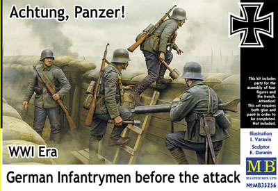 【予約する】　1/35　独・歩兵４体セット（敵戦車攻撃）攻撃前シーンWW-I武器セット+塹壕付　　　