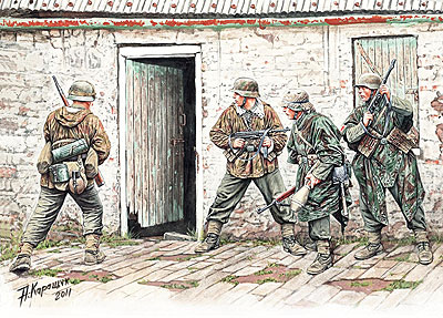 1/35　ドイツ歩兵4体西部戦線1944-45年迷彩スモック＆ポンチョ - ウインドウを閉じる