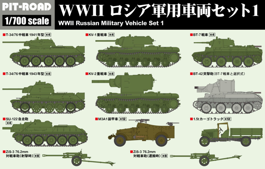 1/700　WWII ロシア軍用車両セット 1 【T-34/76中戦車1941年型×4、T-34/76中戦車1943年型×4、K
