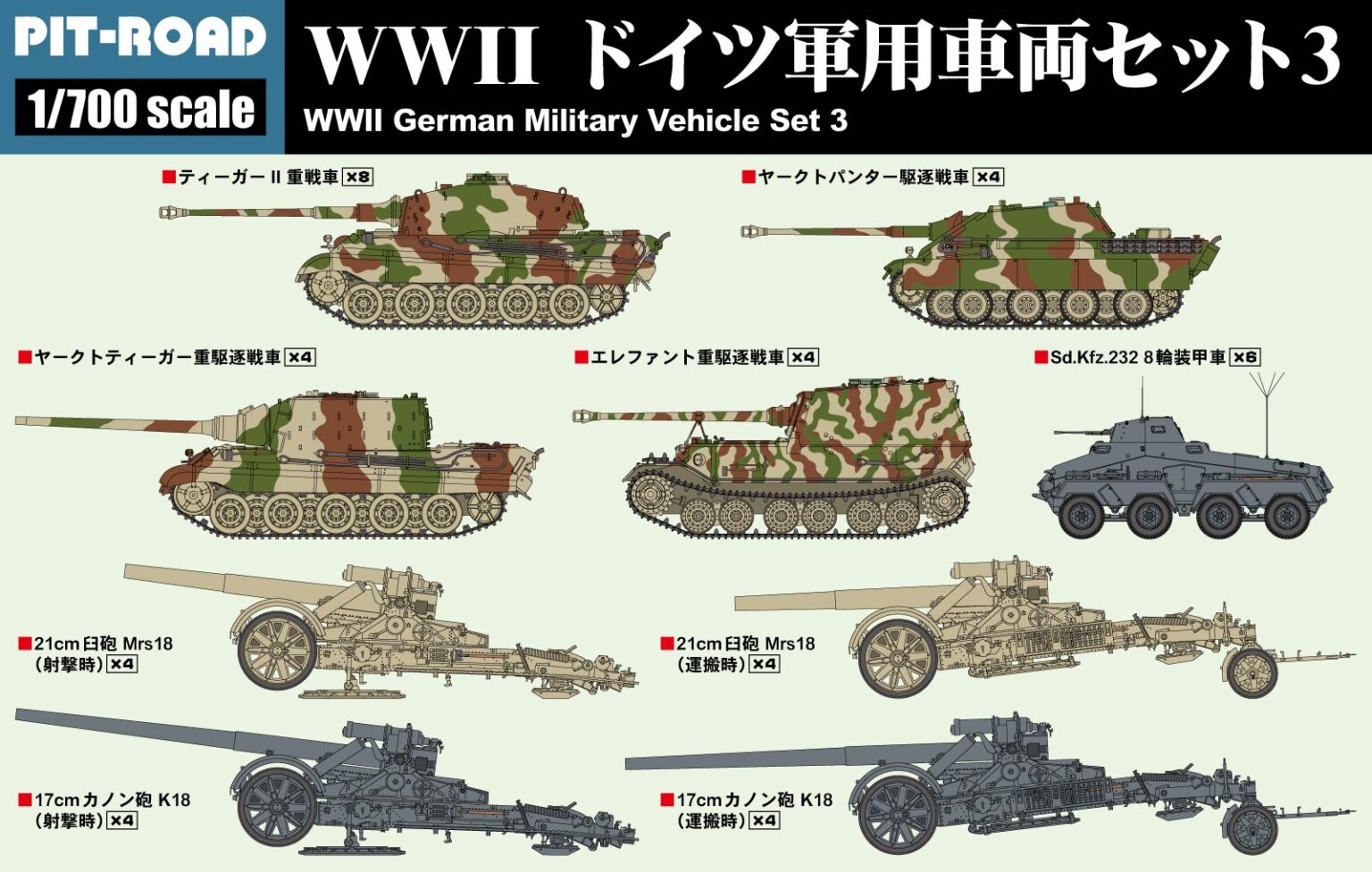 1/700　WWII ドイツ軍用車両セット3 【ティーガーII重戦車、ヤークトティーガー重駆逐戦車、 ヤークトパンター駆逐戦車、